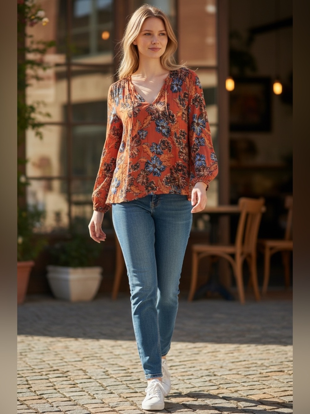 Old Navy Rust Floral Peasant Blouse with Blue Accents - Women